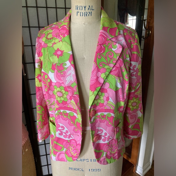 Vintage Tara Jones Floral Retro ‘60s Blazer Jacket 8P Like New PINK Lime Green - Picture 6 of 10